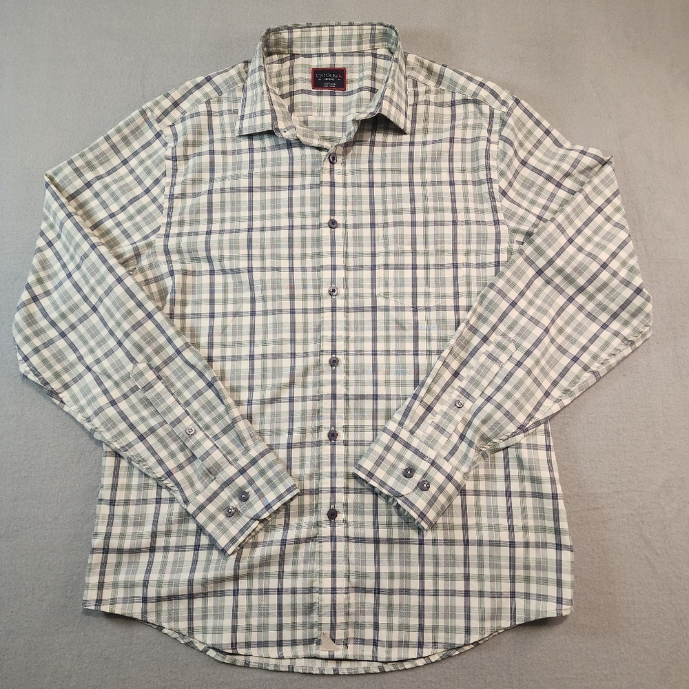 UNTUCKit Button Up Shirt Mens Med Plaid Long Sleeve Blue Gray Green White Cotton